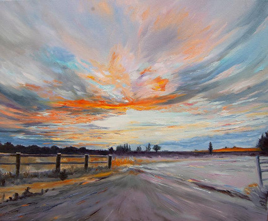 Original countryside oil painting with dramatic sunrise clouds and peaceful Warwickshire landscape.