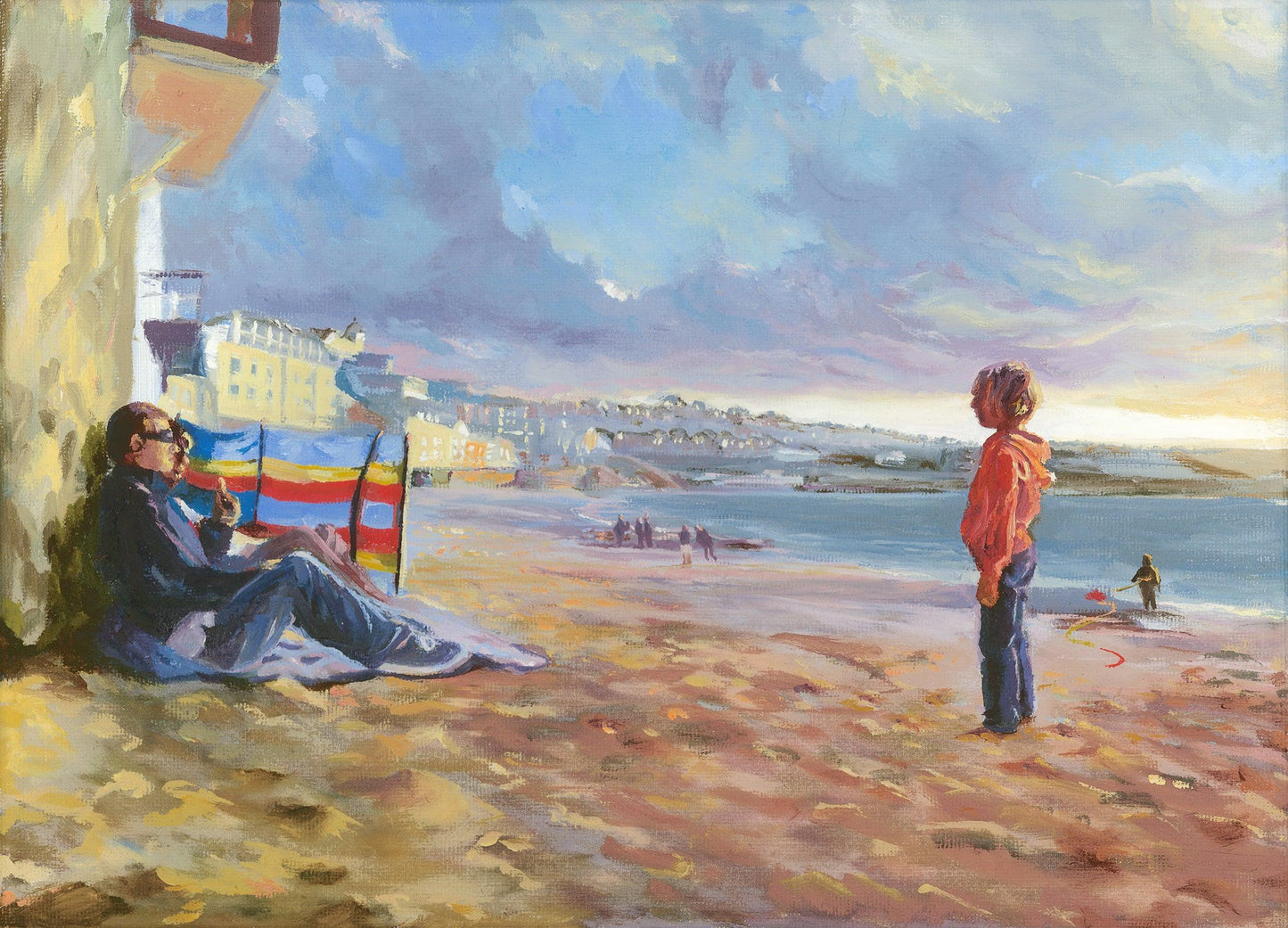 Original oil painting of parent and child on Porthmeor Beach at sunset in Cornwall.