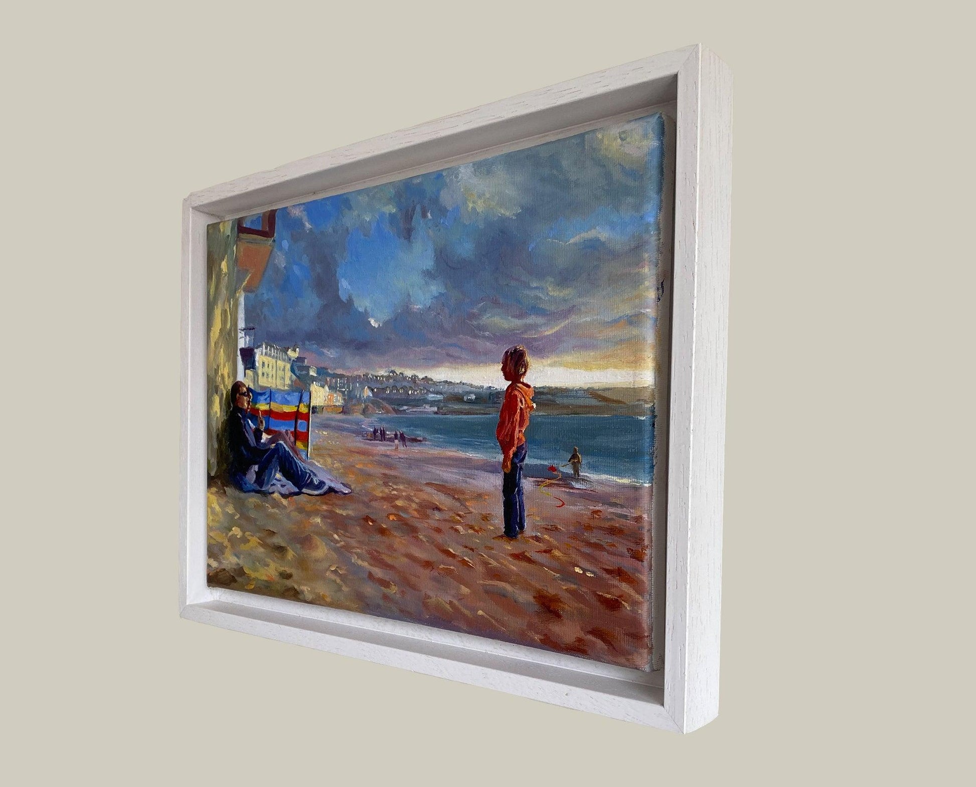 Side angle view of framed oil painting inspired by Porthmeor Beach in St Ives.